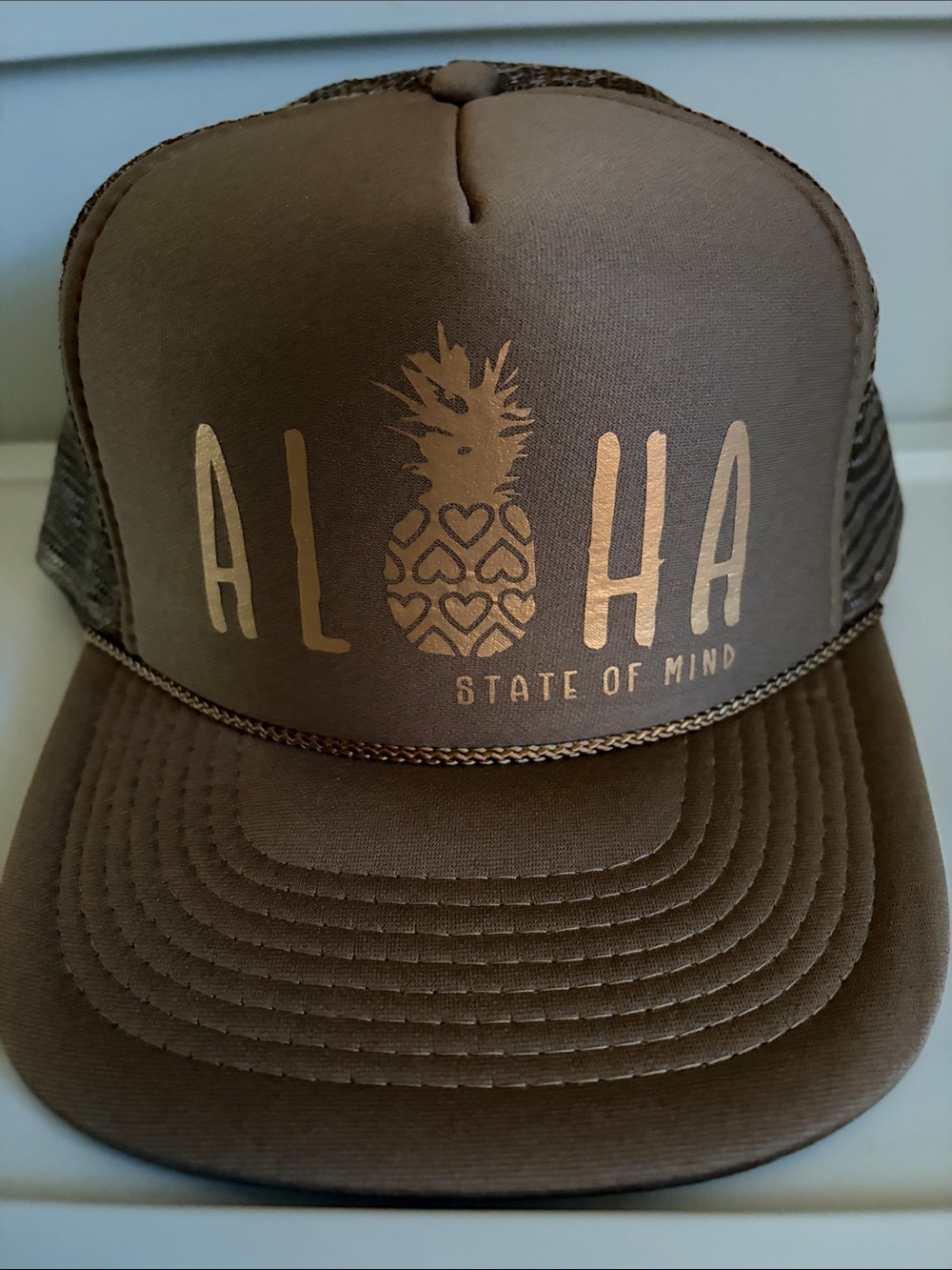 ALOHA State of Mind Green Trucker Hat with Gold Pineapple
